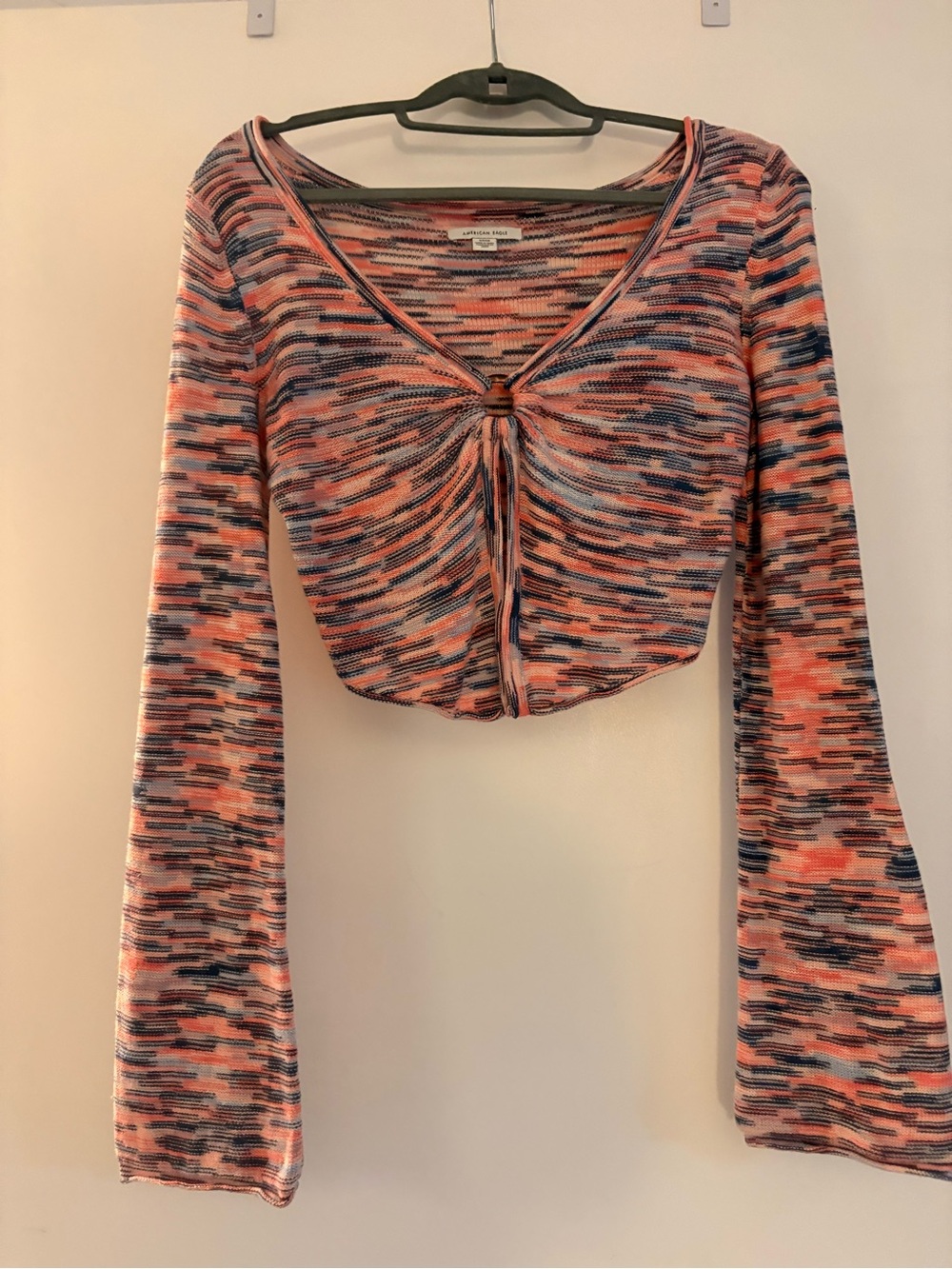 American Eagle Outfitters Pink & Navy Multicolor Knot-Front Crop Top